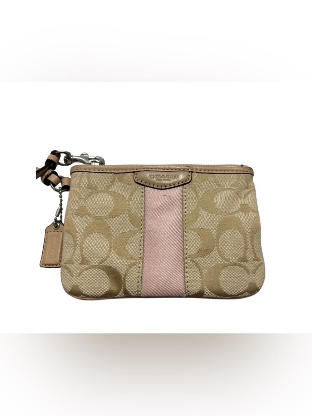 Coach Beige Signature Canvas Wristlet with Pink Center Stripe